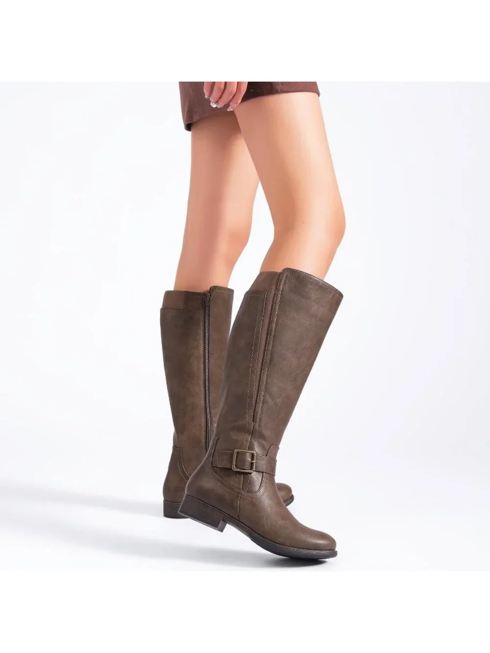 Women's Dark Brown Platform Slouchy Side Zipper Comfort Round Toe Knee High Boot